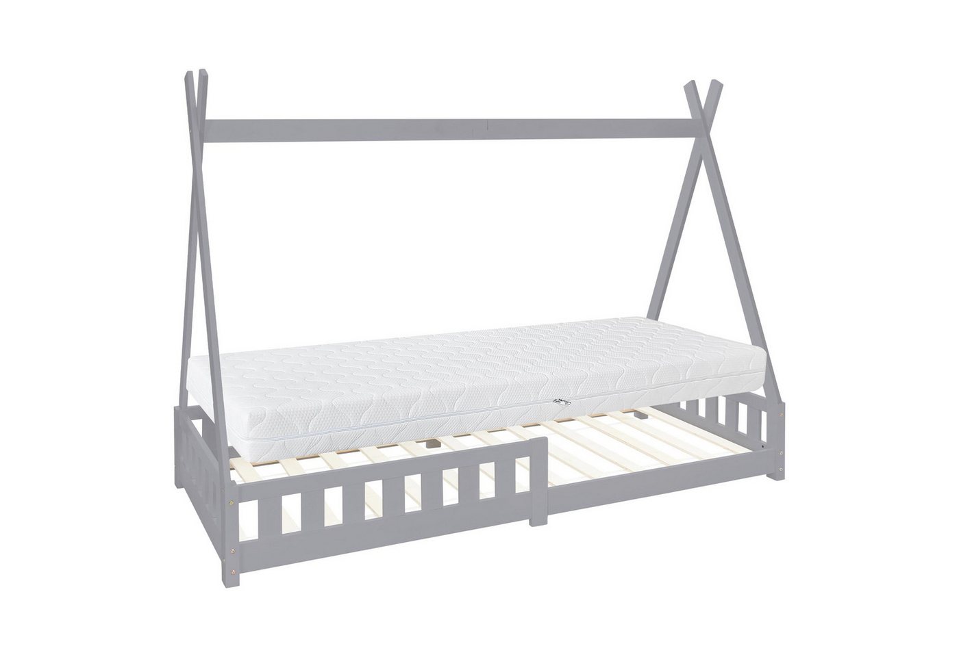 ML-DESIGN Kinderbett Hausbett mit Rausfallschutz und Lattenrost Massivholz, Bett 90x200 cm Hellgrau mit Matratze 16cm Kiefernholz mit Zaun von ML-DESIGN