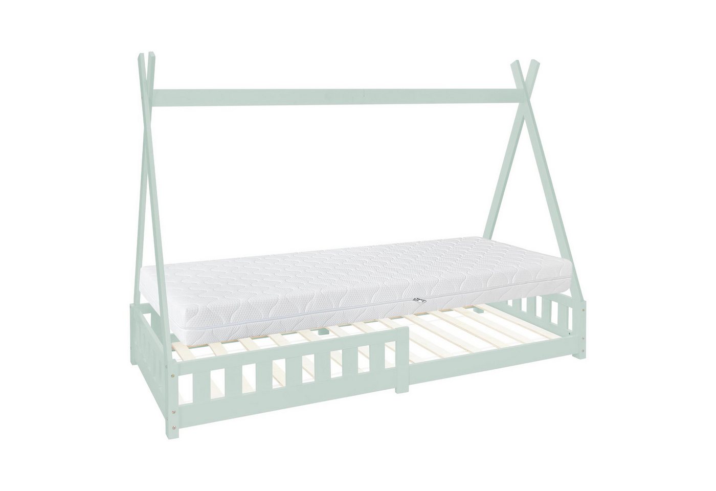 ML-DESIGN Kinderbett Hausbett mit Rausfallschutz und Lattenrost Massivholz, Bett 90x200 cm Mint mit Matratze 16cm Kiefernholz mit Zaun von ML-DESIGN