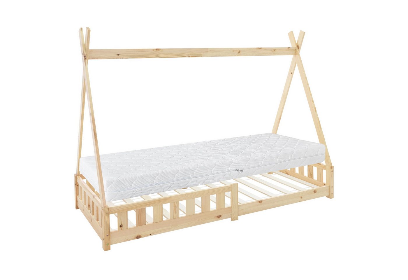 ML-DESIGN Kinderbett Hausbett mit Rausfallschutz und Lattenrost Massivholz, Bett 90x200 cm Natur mit Matratze 16cm Kiefernholz mit Zaun von ML-DESIGN