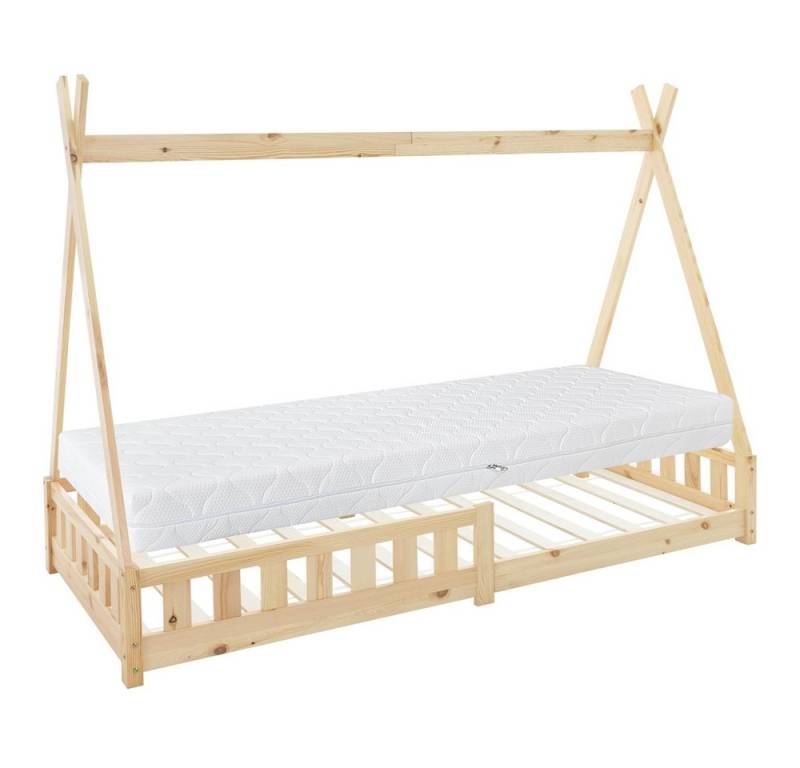 ML-DESIGN Kinderbett Hausbett mit Rausfallschutz und Lattenrost Massivholz, Bett 90x200 cm Natur mit Matratze 16cm Kiefernholz mit Zaun von ML-DESIGN