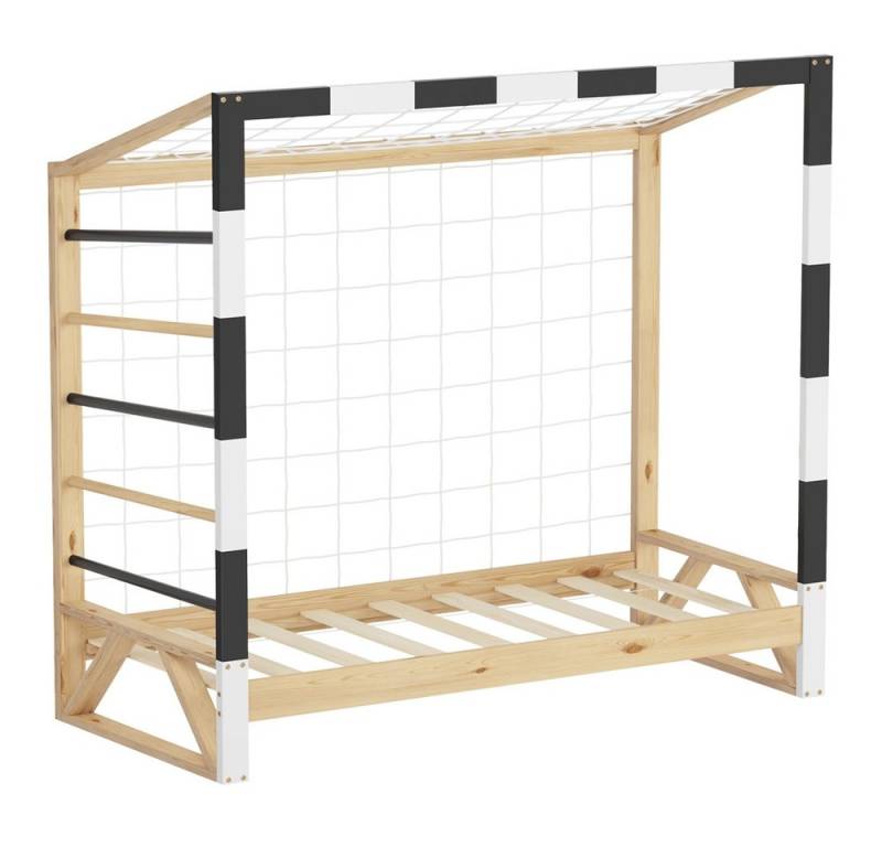 ML-DESIGN Spielbett Kinderbett Fußballtor Holzbett mit Lattenrost Kletterleiter & Netz, Handballtor Abenteuerbett 70x140cm Natur für Kinder aus Kiefernholz von ML-DESIGN