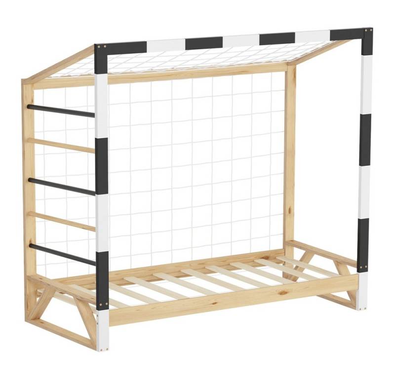 ML-DESIGN Spielbett Kinderbett Fußballtor Holzbett mit Lattenrost Kletterleiter & Netz, Handballtor Abenteuerbett 80x160cm Natur für Kinder aus Kiefernholz von ML-DESIGN