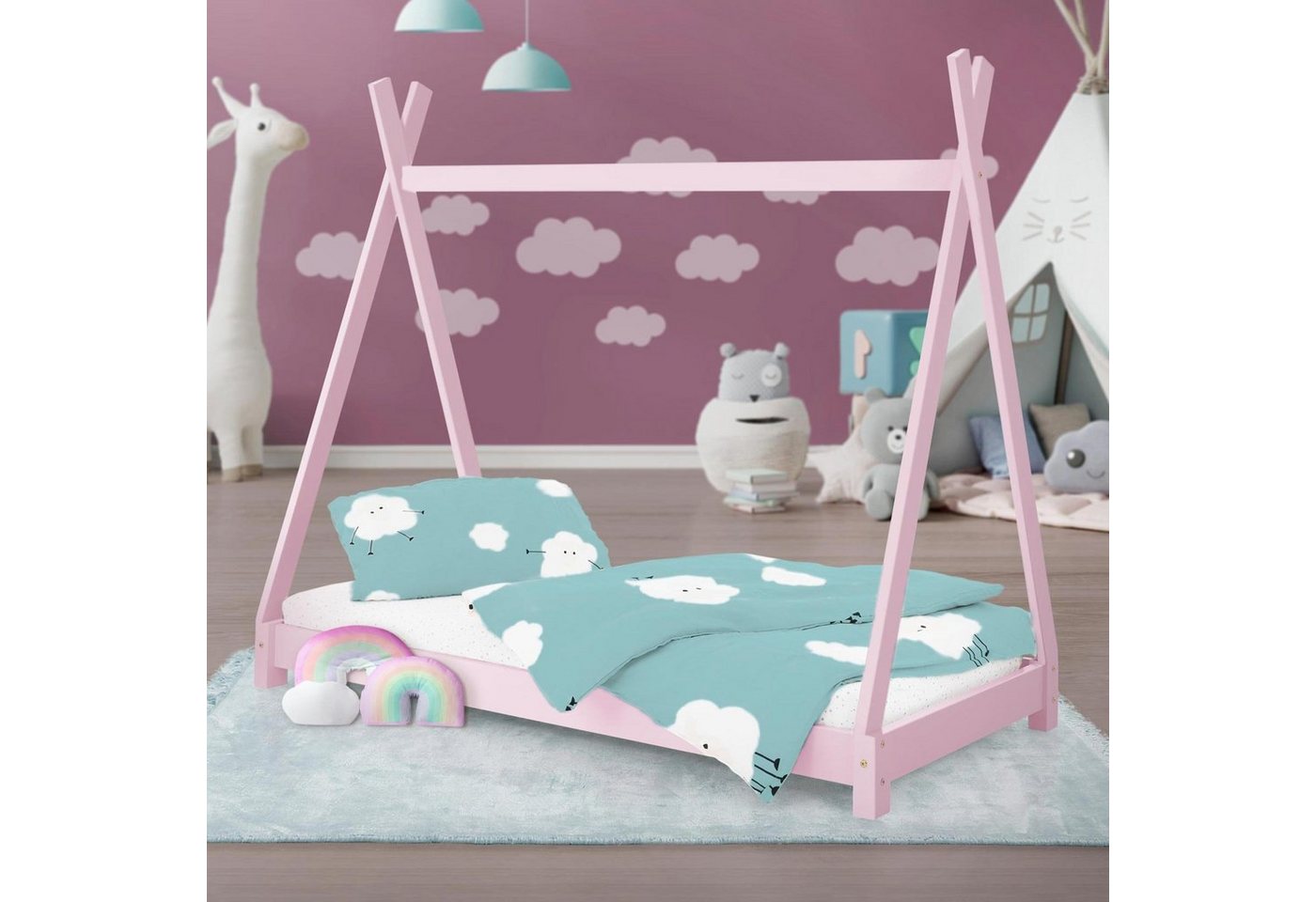 ML-DESIGN Kinderbett Kinderhaus mit Lattenrost aus Massivholz für Mädchen und Jungen, Hausbett 80x160 cm Rosa aus Kiefernholz Jugendbett Bettenhaus von ML-DESIGN