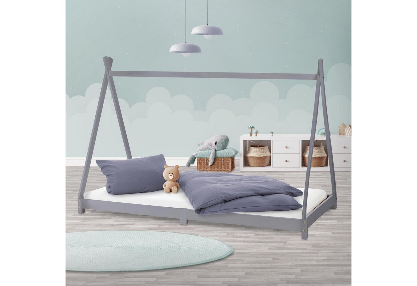 ML-DESIGN Kinderbett Kinderhaus mit Lattenrost aus Massivholz für Mädchen und Jungen, Hausbett 90x200 cm Hellgrau aus Kiefernholz Jugendbett Bettenhaus von ML-DESIGN