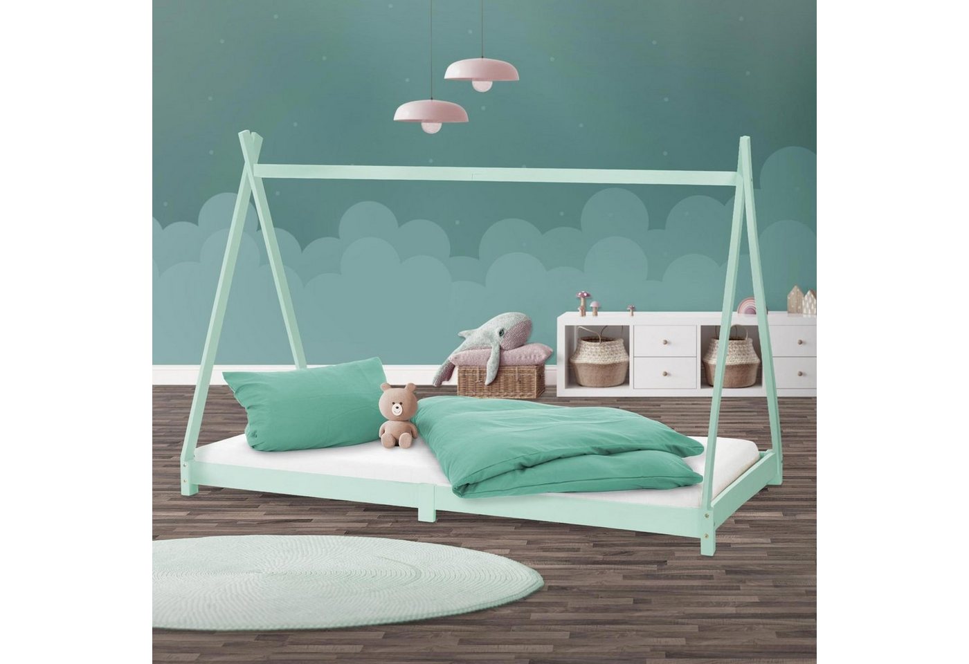 ML-DESIGN Kinderbett Kinderhaus mit Lattenrost aus Massivholz für Mädchen und Jungen, Hausbett 90x200 cm Mint aus Kiefernholz Jugendbett Bettenhaus von ML-DESIGN