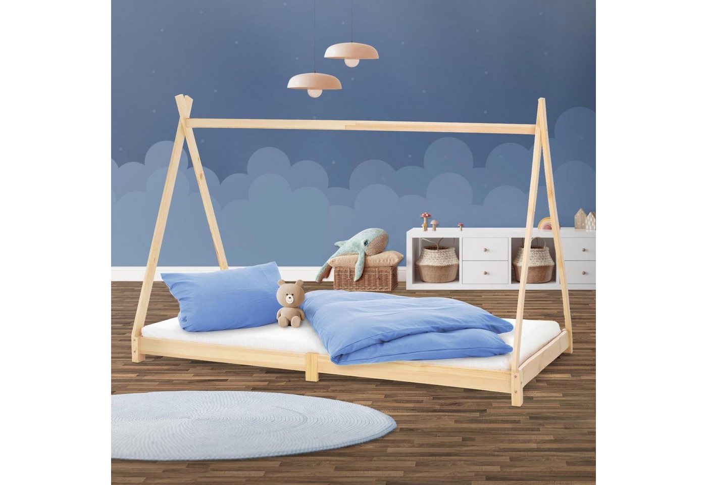 ML-DESIGN Kinderbett Kinderhaus mit Lattenrost aus Massivholz für Mädchen und Jungen, Hausbett 90x200 cm Natur aus Kiefernholz Jugendbett Bettenhaus von ML-DESIGN