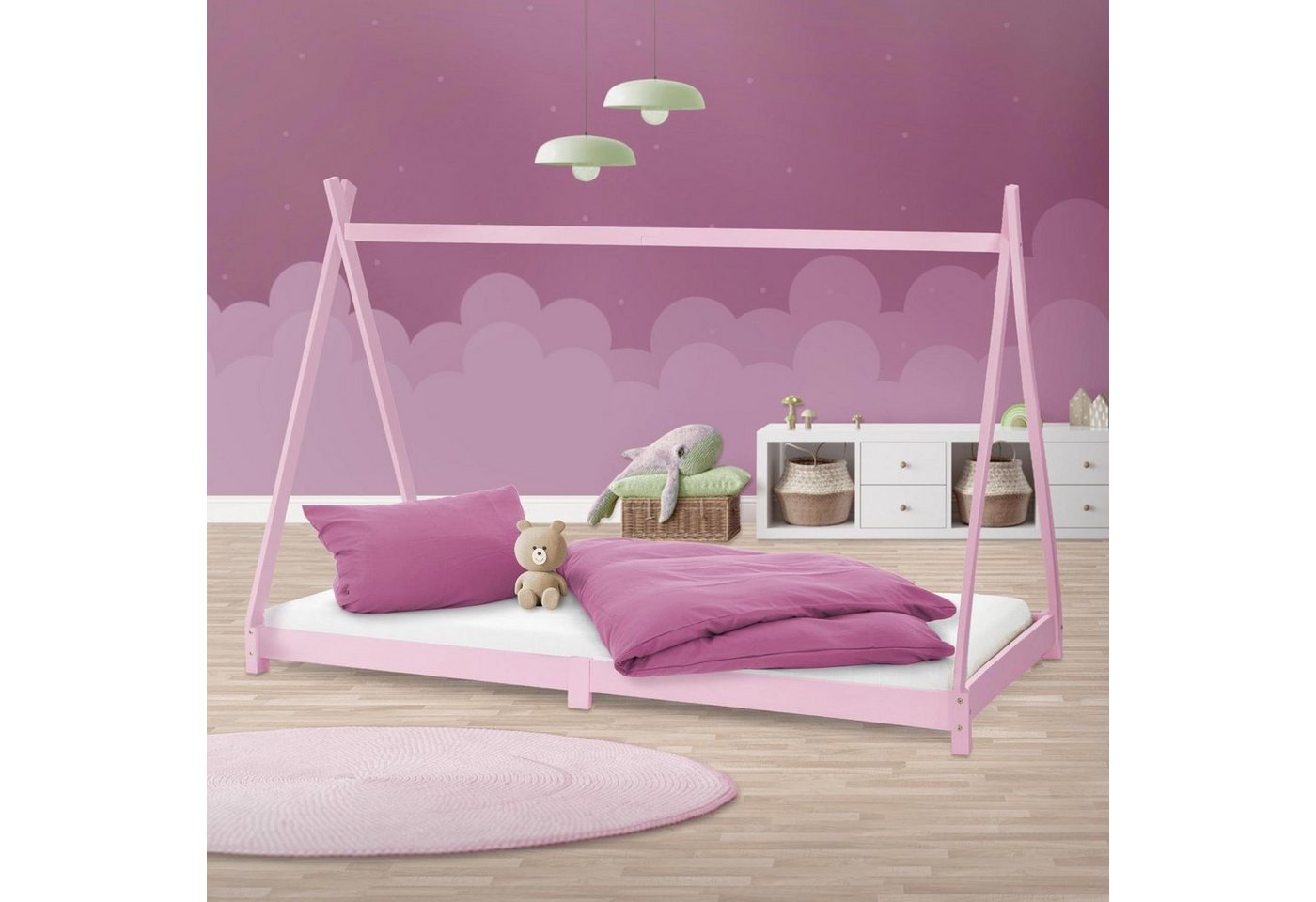 ML-DESIGN Kinderbett Kinderhaus mit Lattenrost aus Massivholz für Mädchen und Jungen, Hausbett 90x200 cm Rosa aus Kiefernholz Jugendbett Bettenhaus von ML-DESIGN