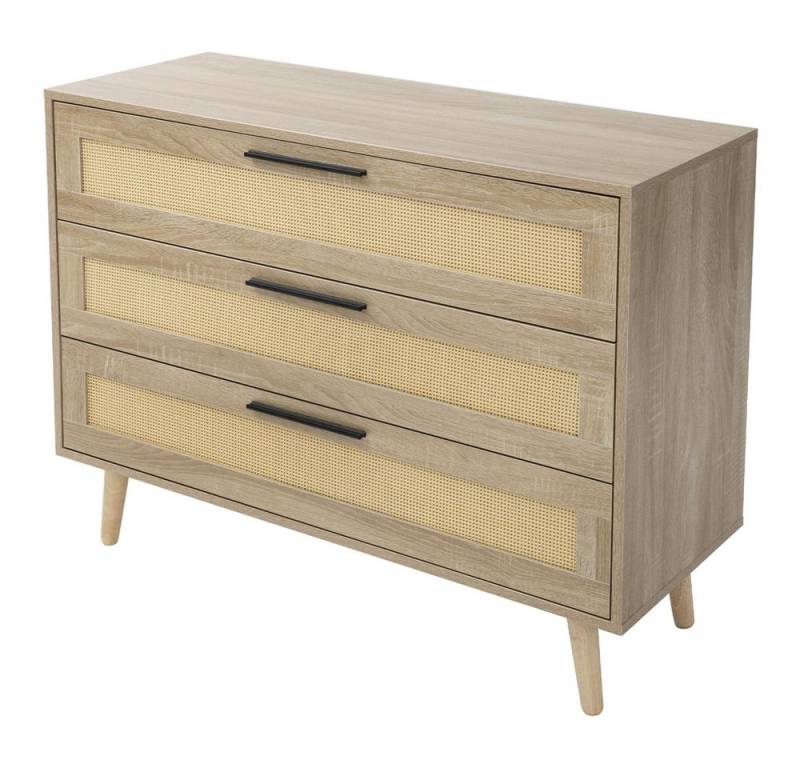 ML-DESIGN Kommode Sideboard Highboard Anrichte Standschrank Buffet Aufbewahrungsschrank, Eiche Optik 3 Schubladen 100x40x76cm Rattan Massivholzfüßen von ML-DESIGN
