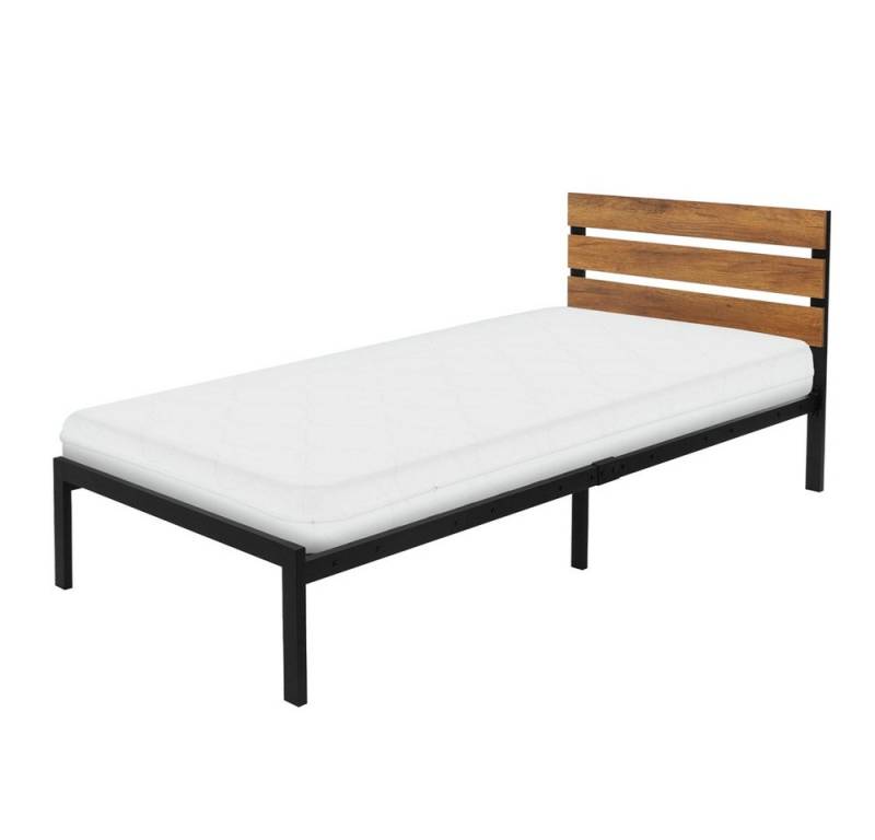 ML-DESIGN Metallbett Bett für Schlafzimmer mit Lattenrost und Holz-Kopfteil Rustikal, Gästebett 90x200 cm mit Matratze 16 cm Schwarz-Braun aus Stahl von ML-DESIGN