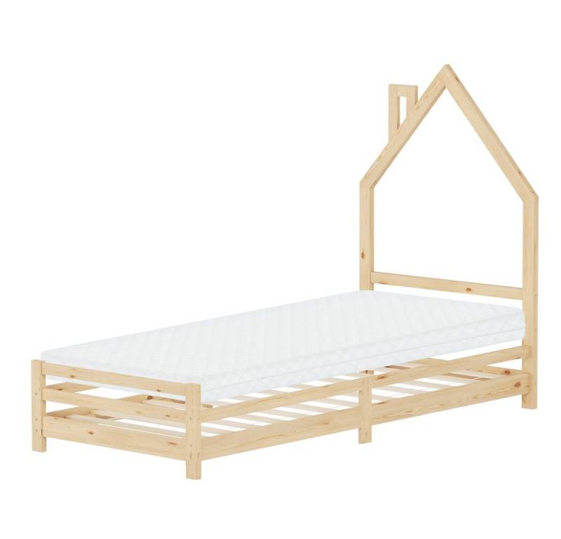 ML-DESIGN Spielbett Hausbett Holzbett mit Lattenrost Jugendbett aus massivem Kiefernholz, Abenteuerbett 90x200cm Natur Kinderbett mit Matratze Bettenhaus von ML-DESIGN