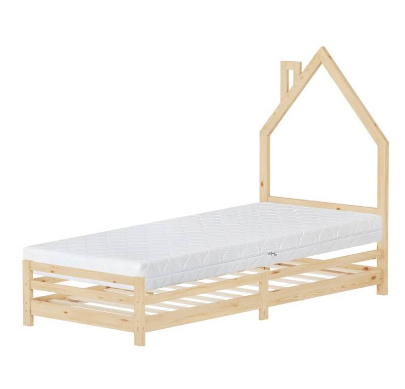 ML-DESIGN Spielbett Hausbett Holzbett mit Lattenrost Jugendbett aus massivem Kiefernholz, Abenteuerbett 90x200cm Natur Kinderbett mit Matratze Bettenhaus von ML-DESIGN