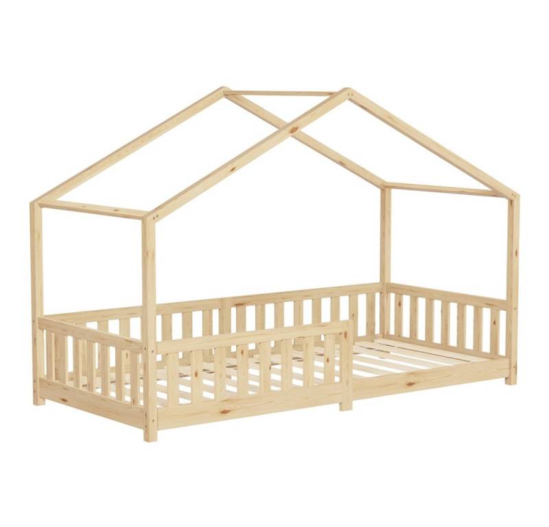 ML-DESIGN Spielbett Hausbett Kinderbett inkl. Lattenrost & Rausfallschutz Kinder Bodenbett, Abenteuerbett 90x200cm Haus Bett Himmelbett Kiefer Jugendbett Natur von ML-DESIGN