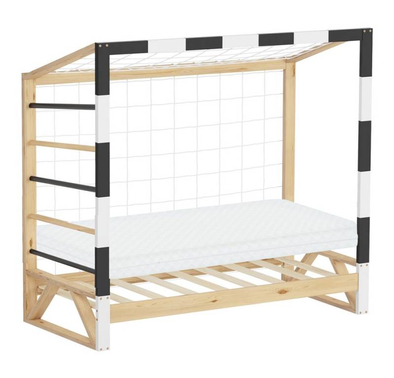 ML-DESIGN Spielbett Kinderbett Fußballtor Holzbett mit Lattenrost Kletterleiter & Netz, Abenteuerbett 70x140cm Natur Handballtor aus Kiefernholz mit Matratze von ML-DESIGN