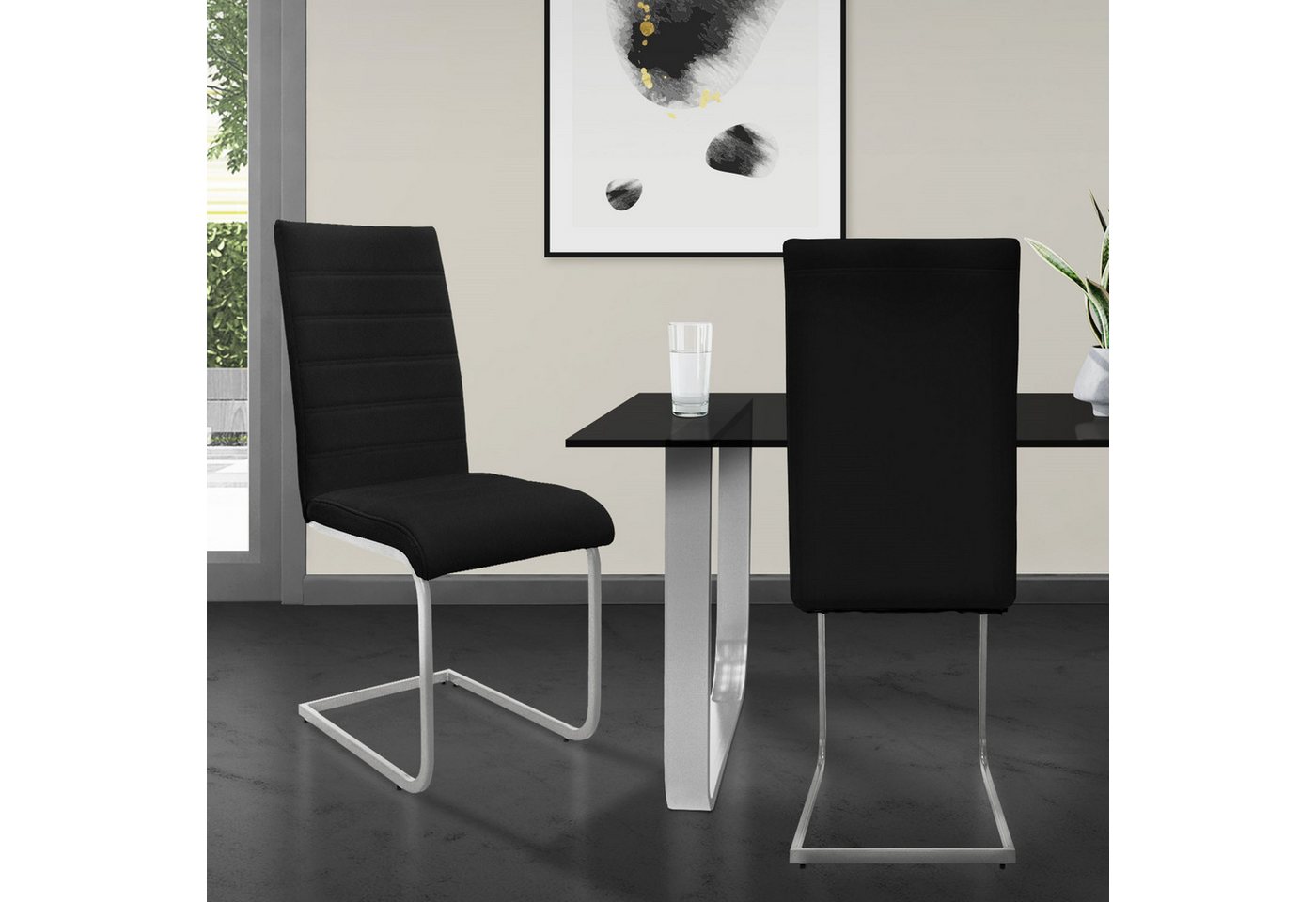 ML-DESIGN Stuhl Esszimmerstühle Ergonomische mit hoher Rückenlehne Polsterstuhl (2 St), 2x Küchenstühle Schwarz Kunstleder & C-förm Metallgestell 57x40x102cm von ML-DESIGN