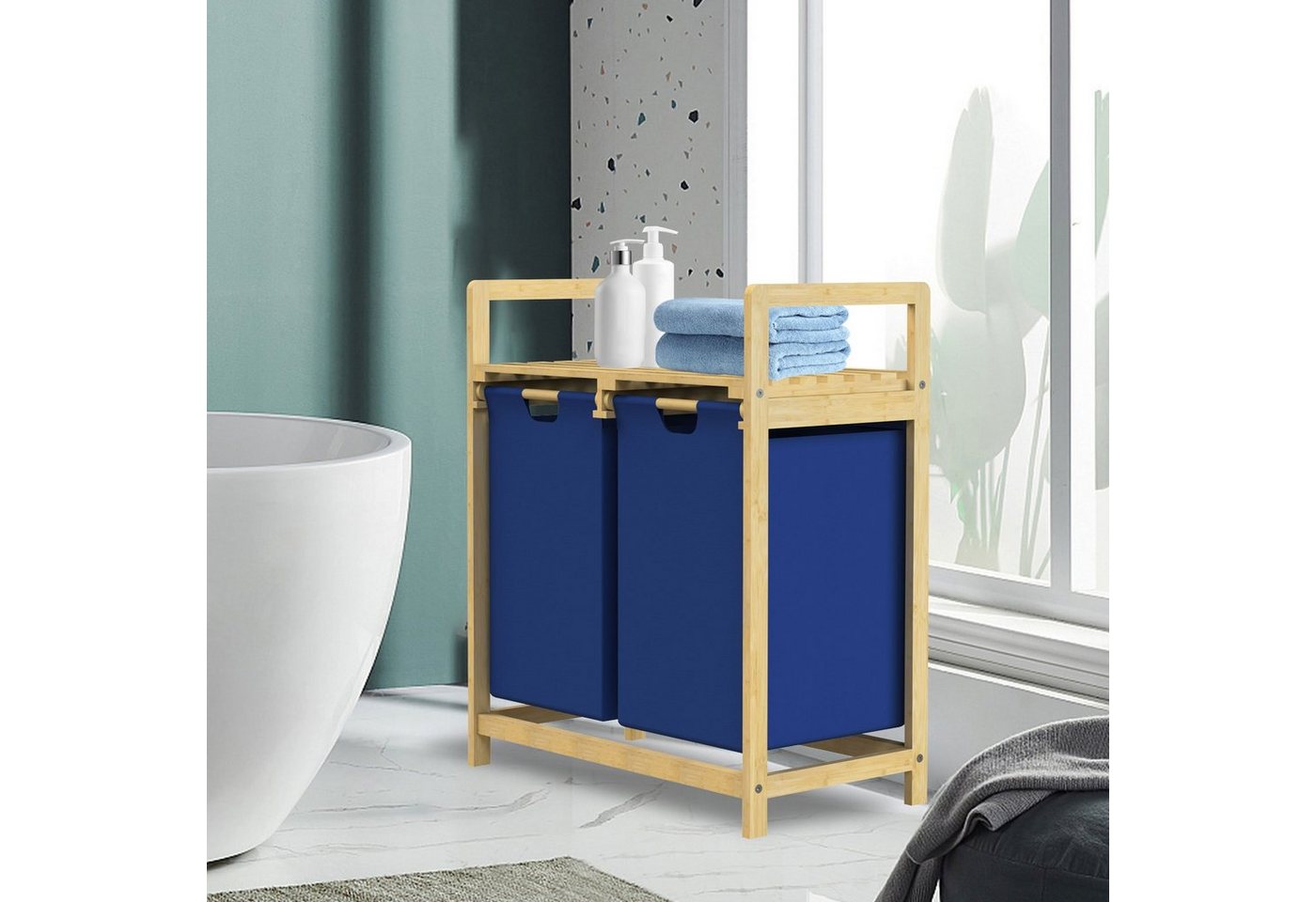ML-DESIGN Wäschekorb Wäschebox mit 2 Fächern aus Bambus und Stoff für Badezimmer, Wäschesäcken 60L mit Stabiles Holzgestell Dunkelblau 73x63x33cm von ML-DESIGN