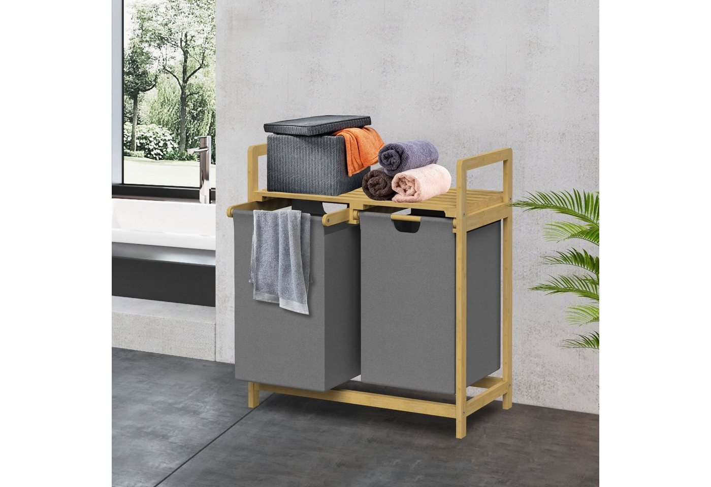 ML-DESIGN Wäschekorb Wäschebox mit 2 Fächern aus Bambus und Stoff für Badezimmer, Wäschesäcken 60L mit Stabiles Holzgestell Grau 73x63x33cm Wäschetruhe von ML-DESIGN