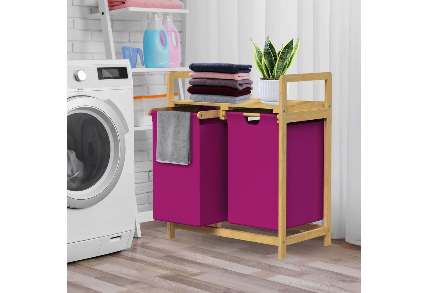 ML-DESIGN Wäschekorb Wäschebox mit 2 Fächern aus Bambus und Stoff für Badezimmer, Wäschesäcken 60L mit Stabiles Holzgestell Rosa 73x63x33cm Wäschetruhe von ML-DESIGN