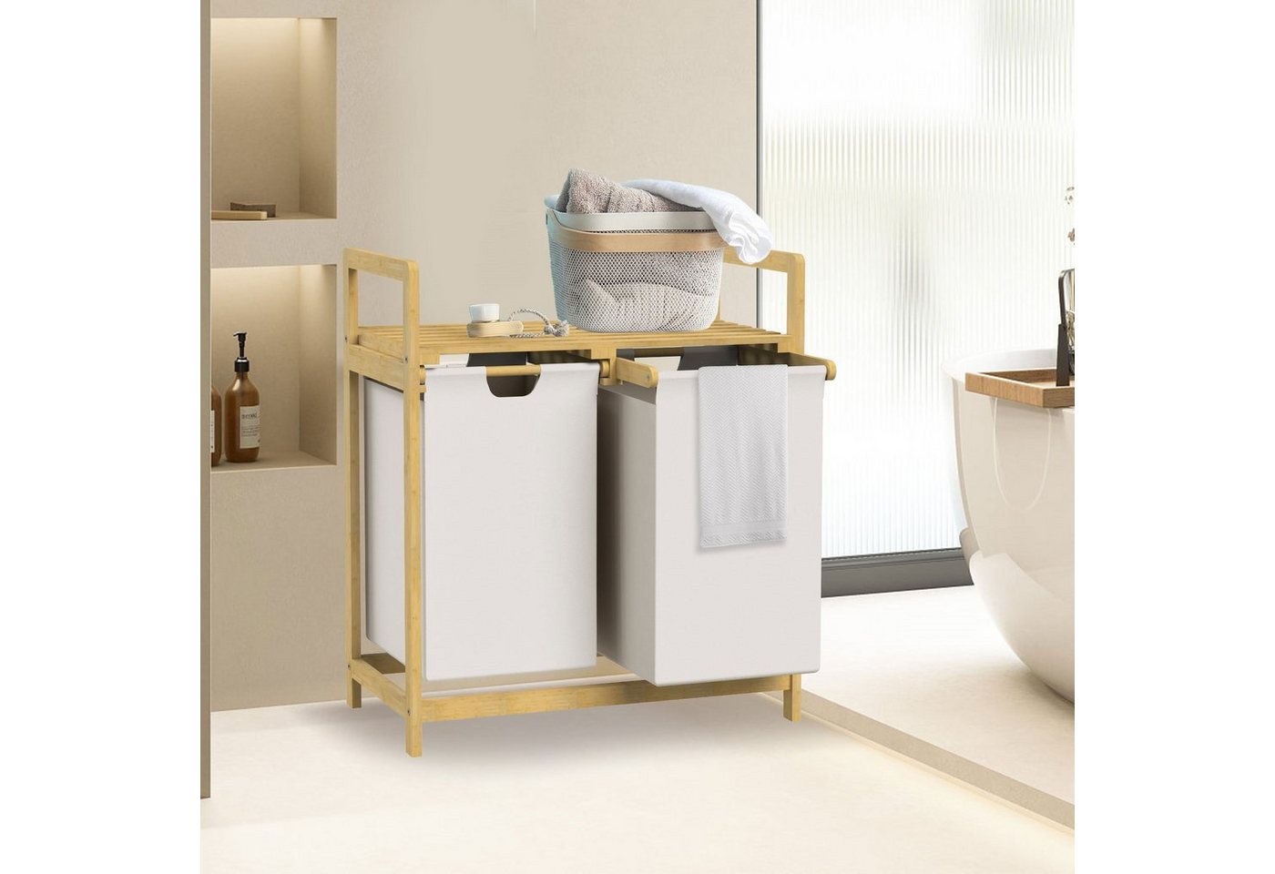 ML-DESIGN Wäschekorb Wäschebox mit 2 Fächern aus Bambus und Stoff für Badezimmer, Wäschesäcken 60L mit Stabiles Holzgestell Weiß 73x63x33cm Wäschetruhe von ML-DESIGN