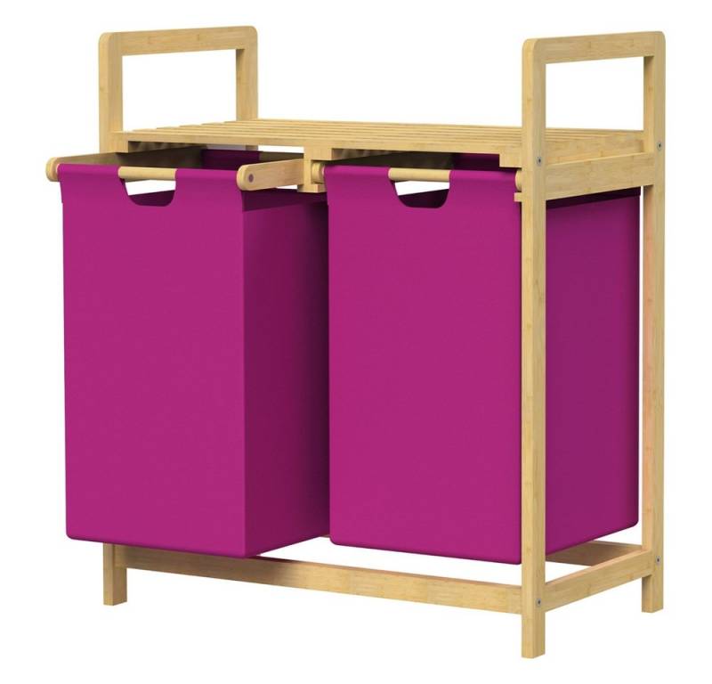 ML-DESIGN Wäschekorb Wäschebox mit 2 Fächern aus Bambus und Stoff für Badezimmer, Wäschesäcken 60L mit Stabiles Holzgestell Rosa 73x63x33cm Wäschetruhe von ML-DESIGN
