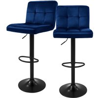 Barhocker 2er Set, Bezug aus Samt, Blau, Gepolsterter Barstuhl mit Rückenlehne und Fußstütze, Tresenhocker höhenverstellbar 63-83cm, 360° drehbar, von ML-DESIGN