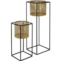 Blumenständer 2er Set, Schwarz-Gold, 21x21x47/25x25x71 cm, aus Stahl, Blumentopfständer mit Übertopf, Metall Pflanzenständer, Blumentopfhalter 2-tlg, von ML-DESIGN