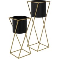 Blumenständer 2er Set, Schwarz-Gold, 21x21x51/24x24x70,5 cm, Stahl, Blumentopfständer mit Übertopf, Metall Pflanzenständer, Blumentopfhalter 2-tlg, von ML-DESIGN