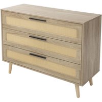 ML-Design Kommode mit 3 Schubladen, 100x77x40 cm, Eiche Optik, Sideboard mit Rattanfront und Massivholzfüßen, Beistellschrank Anrichte Standschrank von ML-DESIGN