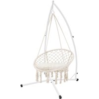 Ml-design - ecd Germany Hängesessel Beige mit Gestell Weiß 208 cm, Hängestuhl mit Makramee, Geflochten Fransen Hängeschaukel Baumwolle Ø80cm, von ML-DESIGN