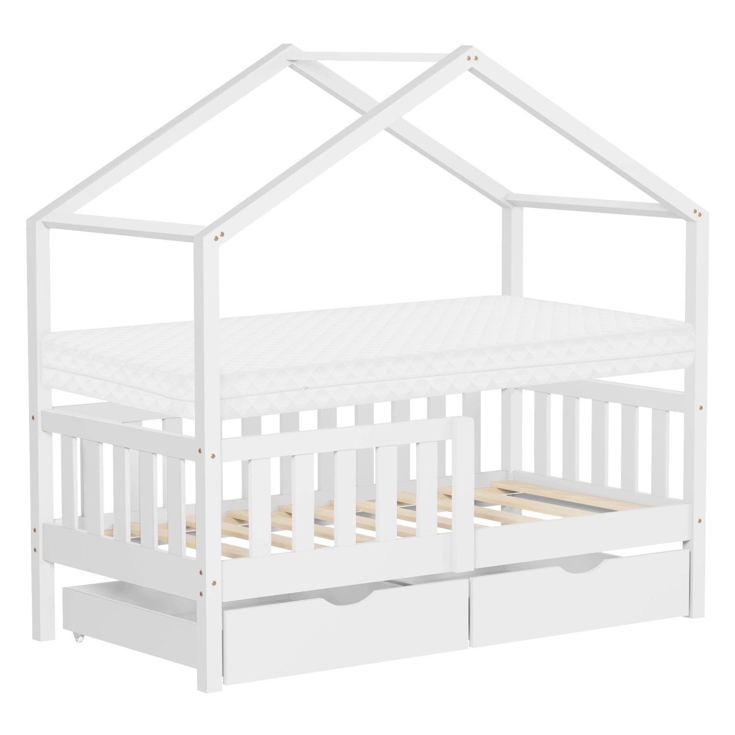 ML-Design Hausbett mit Matratze 70x140 cm und 2 Schubladen Weiß Kiefer von ML-Design