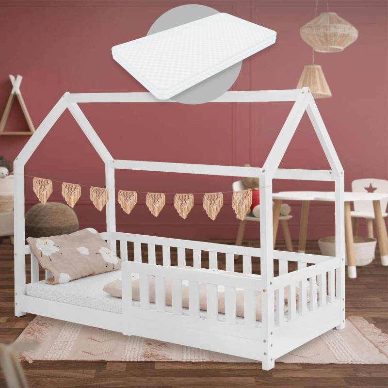 ML-Design Kinderbett 80x160 cm Weiß mit Matratze Rausfallschutz Dach von ML-Design