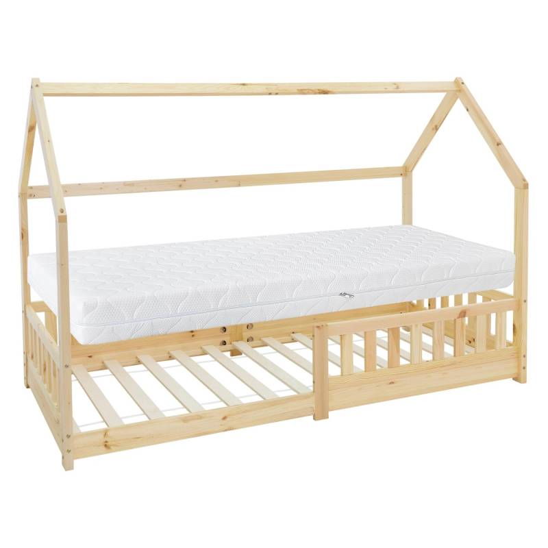 ML-Design Kinderbett 90x200 cm Natur mit Matratze H16cm Rausfallschutz von ML-Design