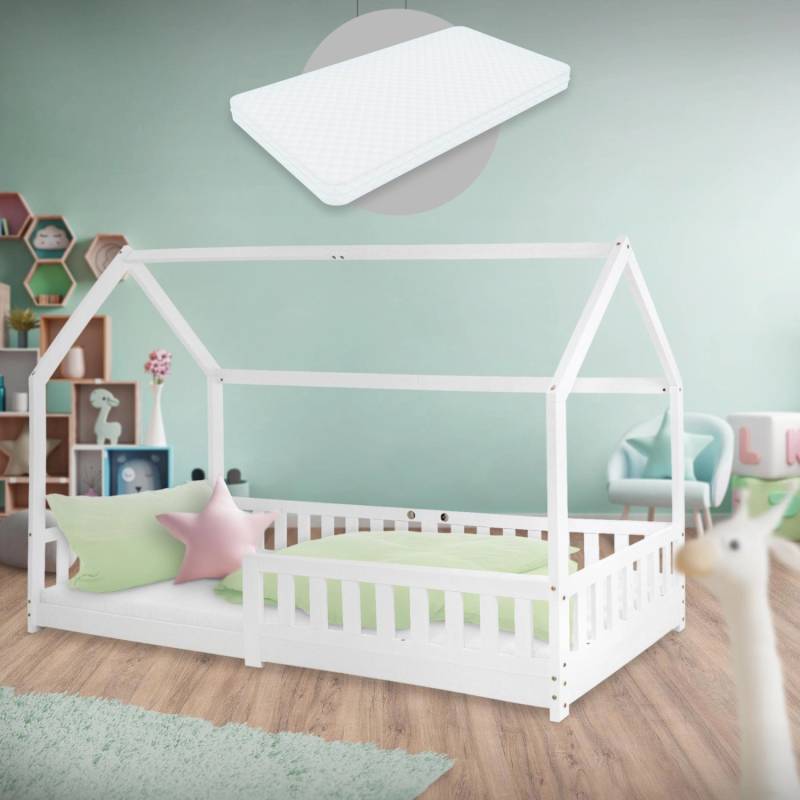 ML-Design Kinderbett 90x200 cm Weiß mit Matratze H16cm Rausfallschutz von ML-Design