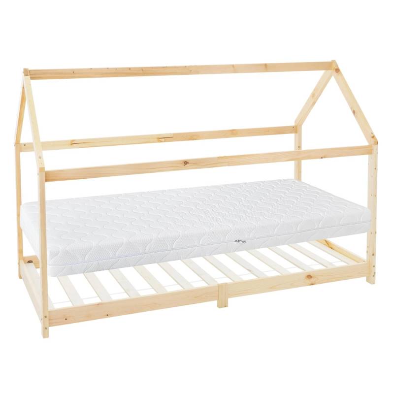 ML-Design Kinderbett 90x200cm Natur mit Matratze H16cm Dach Lattenrost von ML-Design