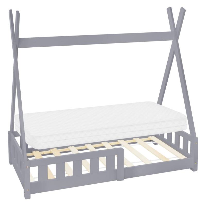 ML-Design Kinderbett Tipi 70x140cm Hellgrau mit Matratze Rausfallschutz aus Holz von ML-Design