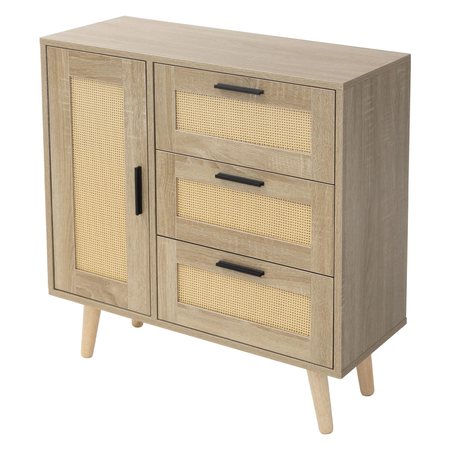 ML-Design Kommode 1 Tür 3 Schublade 74x76x30cm Eiche Optik Rattanfront von ML-Design