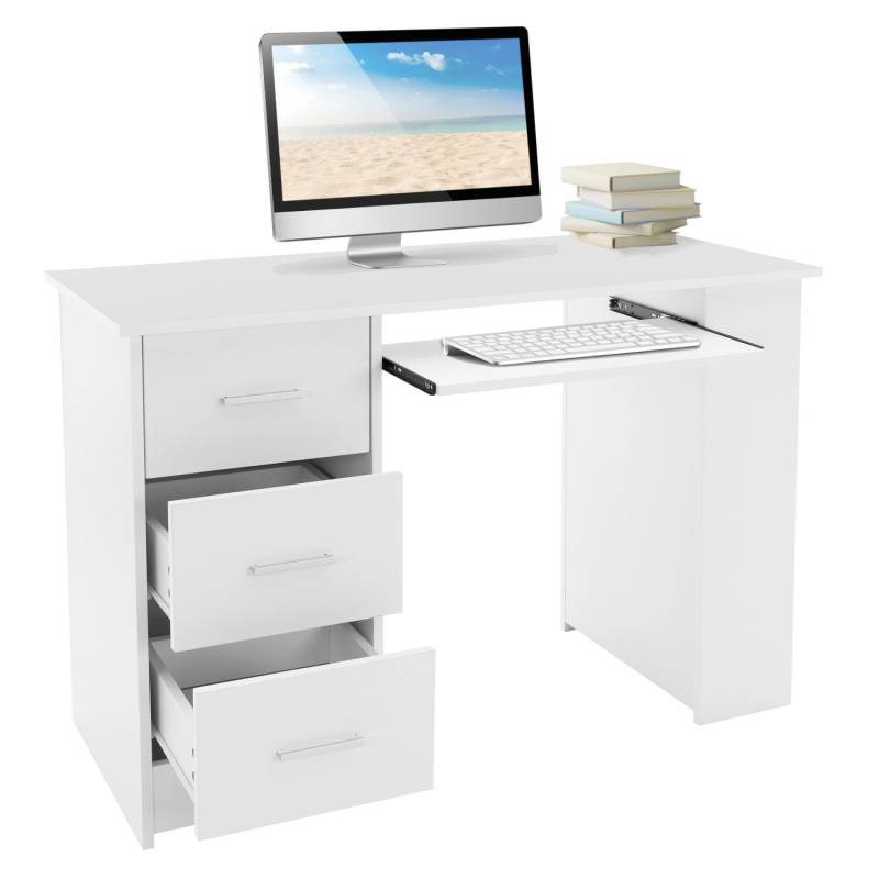 ML-Design Schreibtisch mit 3 Schubladen 3 Regale Tastaturauszug 110x49x75cm Weiß von ML-Design