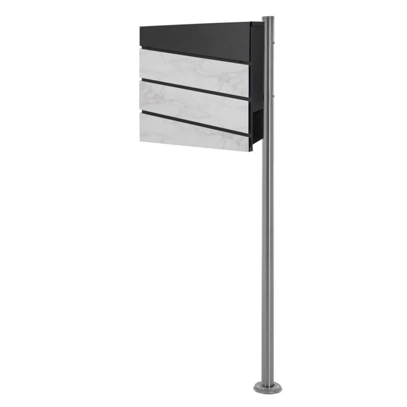 ML-Design Standbriefkasten Weiß-Marmoroptik mit Zeitungsfach Pfosten Silber von ML-Design