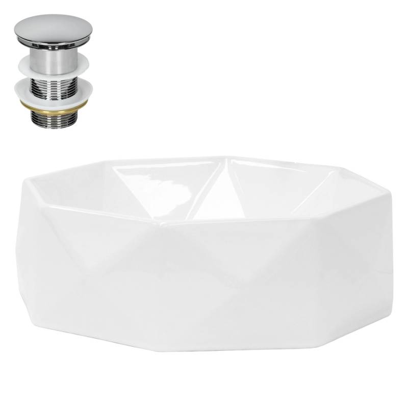 ML-Design Waschbecken Diamant Design Keramik Weiß Glänzend mit Ablaufgarnitur von ML-Design