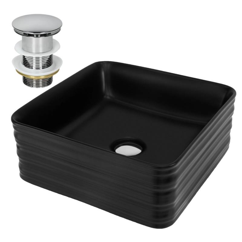 ML-Design Waschbecken Schwarz Matt 39x39x15 cm Quadratisch und Ablaufgarnitur von ML-Design