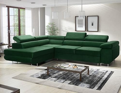 Avatar Velvet Ecksofa in L-Form 277 x 73 x 203 cm mit Schlaffunktion und Bettzeugbehälter - Schlafsofa mit Bettkasten - Eckcouch mit Stauraum - Links - Farbe: Monolith Flaschengrün (MO37) von ML Furniture Ltd