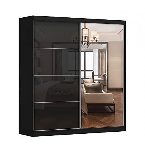 Kleiderschrank M31 mit Spiegel 203 cm, Schwebetürenschrank, Garderobeschrank Schlafzimmer; Wohnzimmerschrank; Korpus Schrank Farbe: Schwarz; Farbe der Schrankfront: Schwarz Hochglanz- 2 Schiebetüren von ML Furniture Ltd