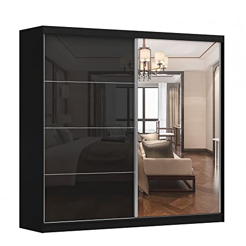 Kleiderschrank M31 mit Spiegel 233 cm, Schwebetürenschrank, Garderobeschrank Schlafzimmer; Wohnzimmerschrank; Korpus Schrank Farbe: Schwarz; Farbe der Schrankfront: Schwarz Hochglanz- 2 Schiebetüren Kleiderschrank M31 mit Spiegel 233 cm, Schwebetürenschrank, Garderobeschrank Schlafzimmer; Wohnzimmerschrank; Korpus Schrank Farbe: Schwarz; Farbe der Schrankfront: Schwarz Hochglanz- 2 Schiebetüren von ML Furniture Ltd
