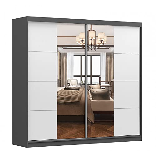 Kleiderschrank M38 mit Spiegel 233 cm, Schwebetürenschrank, Garderobeschrank Schlafzimmer; Wohnzimmerschrank; Korpus Schrank Farbe: Graphit; Farbe der Schrankfront: Weiß - 2 Schiebetüren Kleiderschrank M38 mit Spiegel 233 cm, Schwebetürenschrank, Garderobeschrank Schlafzimmer; Wohnzimmerschrank; Korpus Schrank Farbe: Graphit; Farbe der Schrankfront: Weiß - 2 Schiebetüren von ML Furniture Ltd