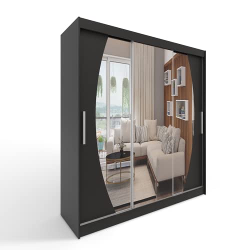 ML Furniture A5 Schiebetüren Kleiderschrank 250 x 215 x 58 cm mit Spiegel - Schlafzimmermöbel, Aufbewahrung - Mehrzweckschrank - Farbe: Schwarz - 3 Schiebetüren von ML Furniture Ltd