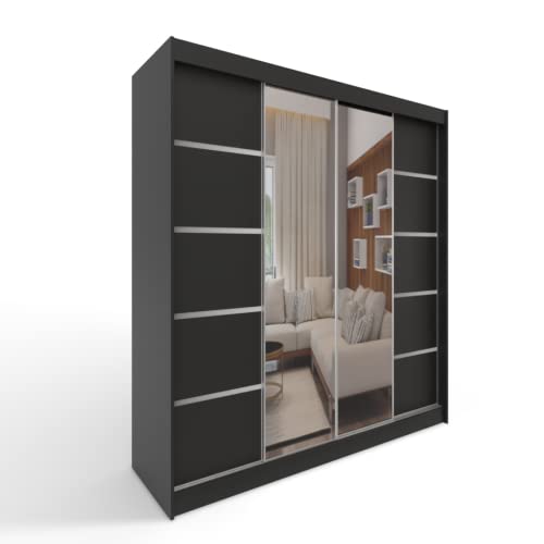 ML Furniture C5 Schiebetüren Kleiderschrank 150 x 200 x 58 cm mit Spiegel - Schlafzimmermöbel, Aufbewahrung - Mehrzweckschrank - Farbe: Schwarz - 2 Schiebetüren von ML Furniture Ltd