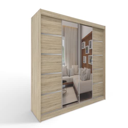 ML Furniture C5 Schiebetüren Kleiderschrank 150 x 200 x 58 cm mit Spiegel - Schlafzimmermöbel, Aufbewahrung - Mehrzweckschrank - Farbe: Sonoma - 2 Schiebetüren von ML Furniture Ltd
