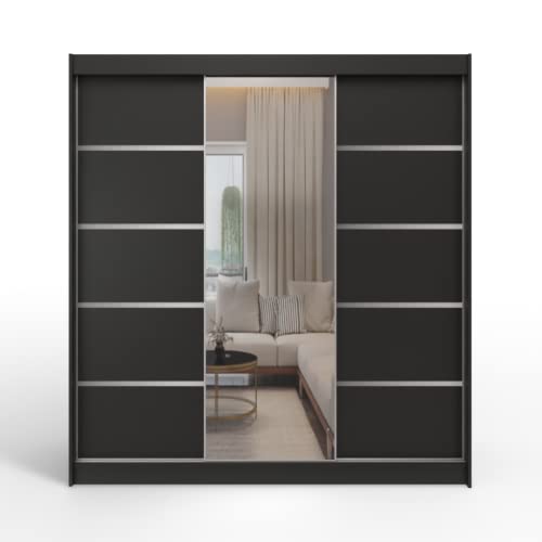 ML Furniture D6 Schiebetüren Kleiderschrank 200 cm mit Spiegel - Schlafzimmermöbel, Aufbewahrung - Mehrzweckschrank - Farbe: Schwarz - 3 Schiebetüren von ML Furniture Ltd