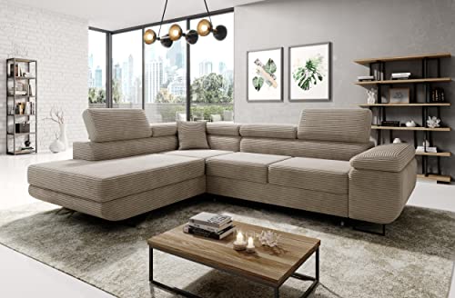 ML Furniture Ltd Avatar Kord Ecksofa in L-Form 277 x 73 x 203 cm mit Schlaffunktion und Bettzeugbehälter - Schlafsofa mit Bettkasten - Eckcouch mit Stauraum - Links - Farbe: Kord Beige von ML Furniture Ltd