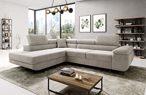 ML Furniture Ltd Avatar Kord Ecksofa in L-Form 277 x 73 x 203 cm mit Schlaffunktion und Bettzeugbehälter - Schlafsofa mit Bettkasten - Eckcouch mit Stauraum - Links - Farbe: Kord Creme von ML Furniture Ltd