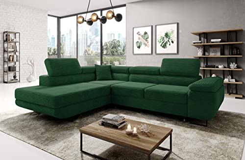 ML Furniture Ltd Avatar Kord Ecksofa in L-Form 277 x 73 x 203 cm mit Schlaffunktion und Bettzeugbehälter - Schlafsofa mit Bettkasten - Eckcouch mit Stauraum - Links - Farbe: Kord Flaschengrün von ML Furniture Ltd